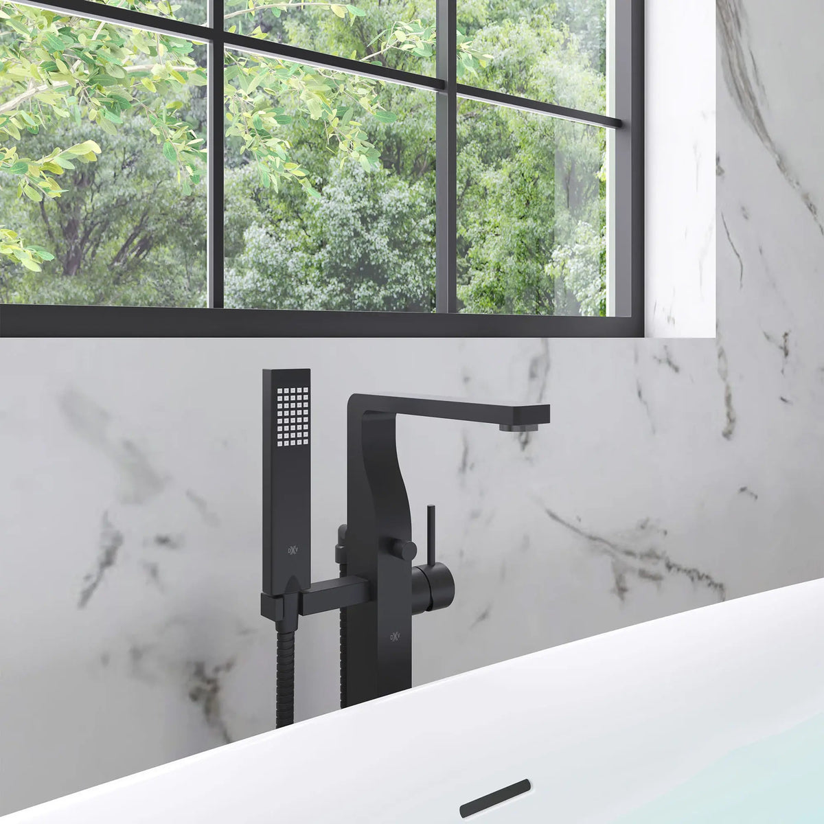 DXV Equility Square Floor Mount Bathtub Filler with Hand Shower and Lever Handle in Matte Black (D3590090C.243)