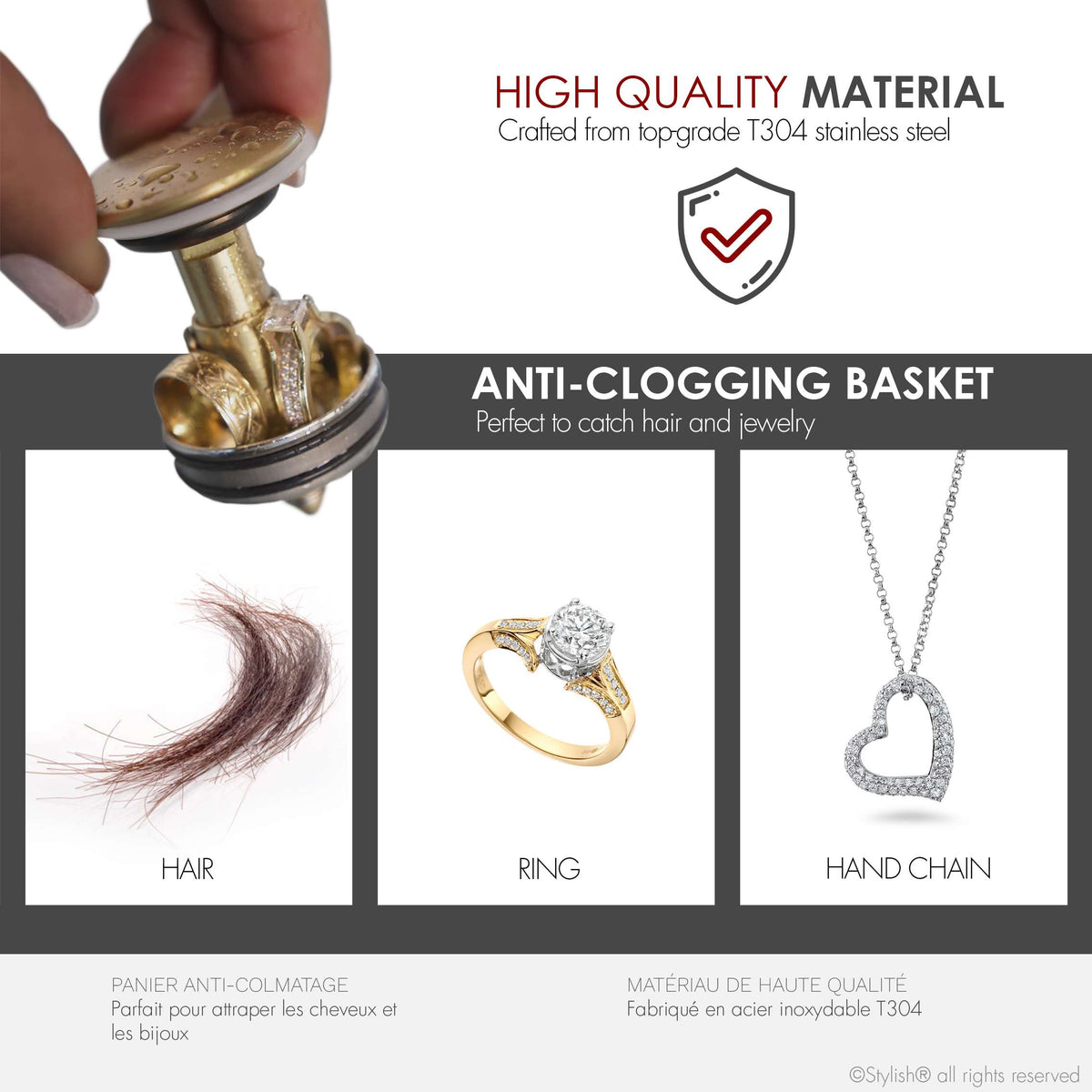 Stylish Pop-Up Bathroom Sink Drain with Overflow Brushed Gold D-700G