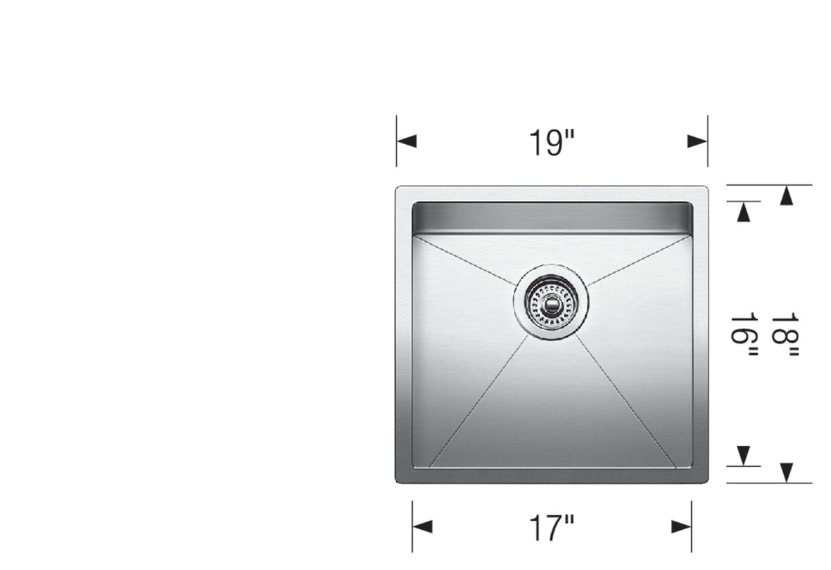 Blanco Radius 10 U 19" Undermount Stainless Steel Kitchen Sink dimension drawing