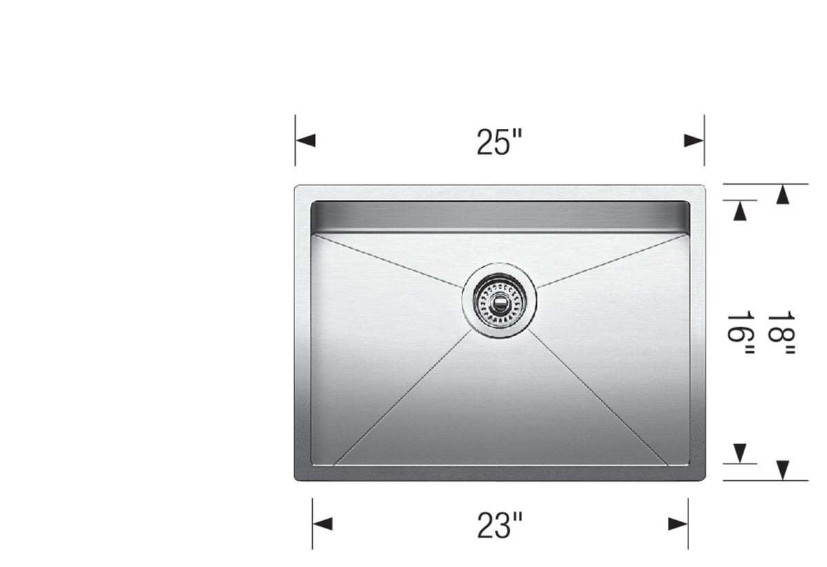 Blanco Radius 10 U Large 25" Undermount Stainless Steel Kitchen Sink dimension drawing