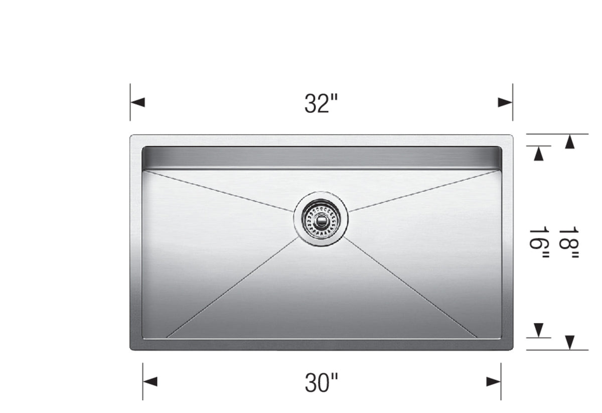 Blanco Radius 10 U Super Single 32" Undermount Stainless Steel Kitchen Sink dimension drawing