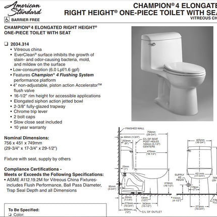 American Standard Champion 4 One-Piece 1.6 gpf/6.0 Lpf Chair Height Elongated Toilet With Seat American Standard
