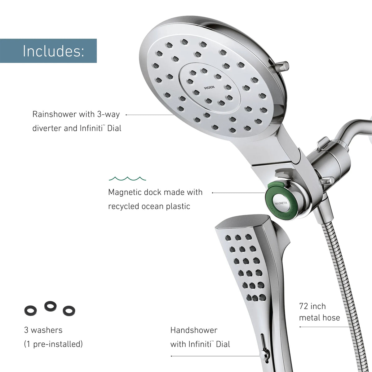 Moen Verso 7" Round Dual Head Combination Shower with Infiniti Dial In 220C3 in Brushed Nickel (220C3BN) - view 11