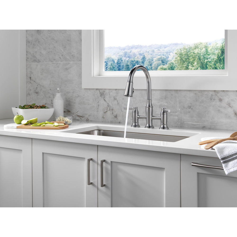 Delta RENALDI Two Handle Pull-Down Bridge Kitchen Faucet