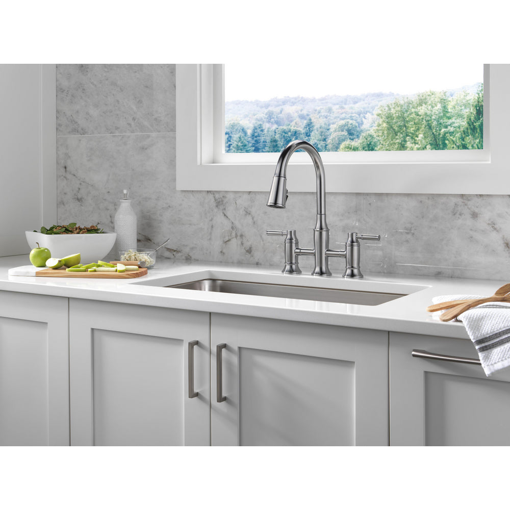 Delta RENALDI Two Handle Pull-Down Bridge Kitchen Faucet