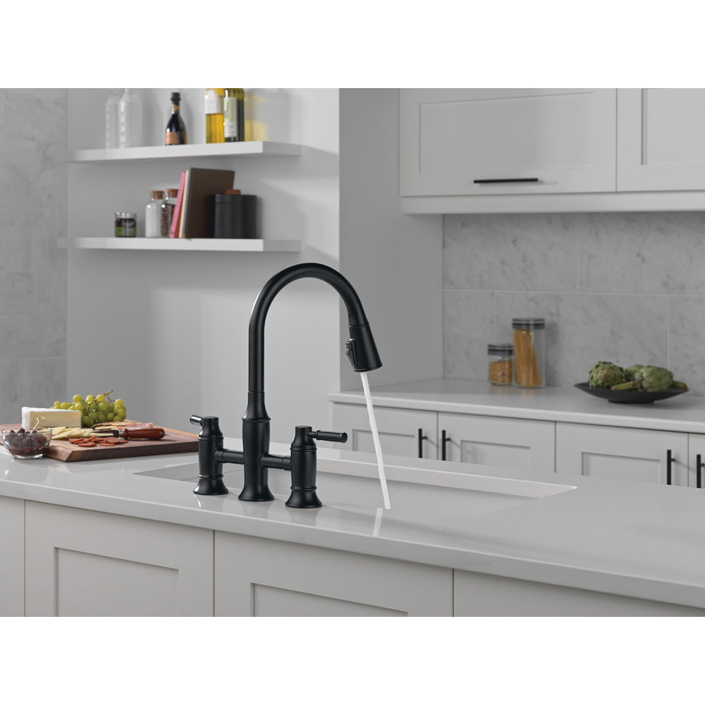 Delta RENALDI Two Handle Pull-Down Bridge Kitchen Faucet