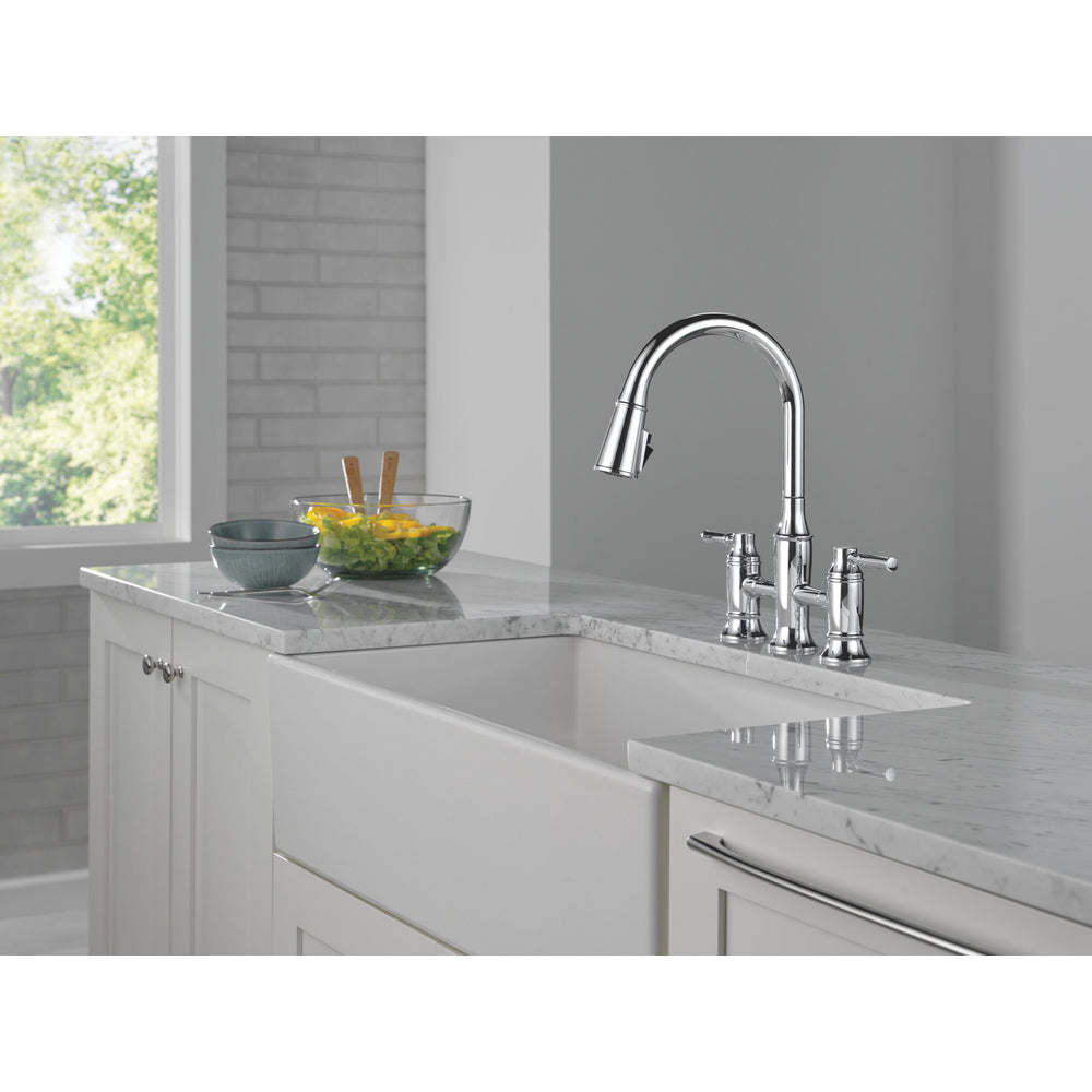 Delta RENALDI Two Handle Pull-Down Bridge Kitchen Faucet