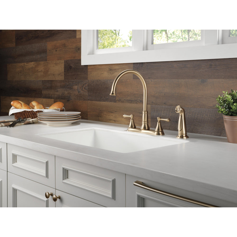 Delta Cassidy Two Handle Kitchen Deck Faucet With Sprayer - Champagne Bronze