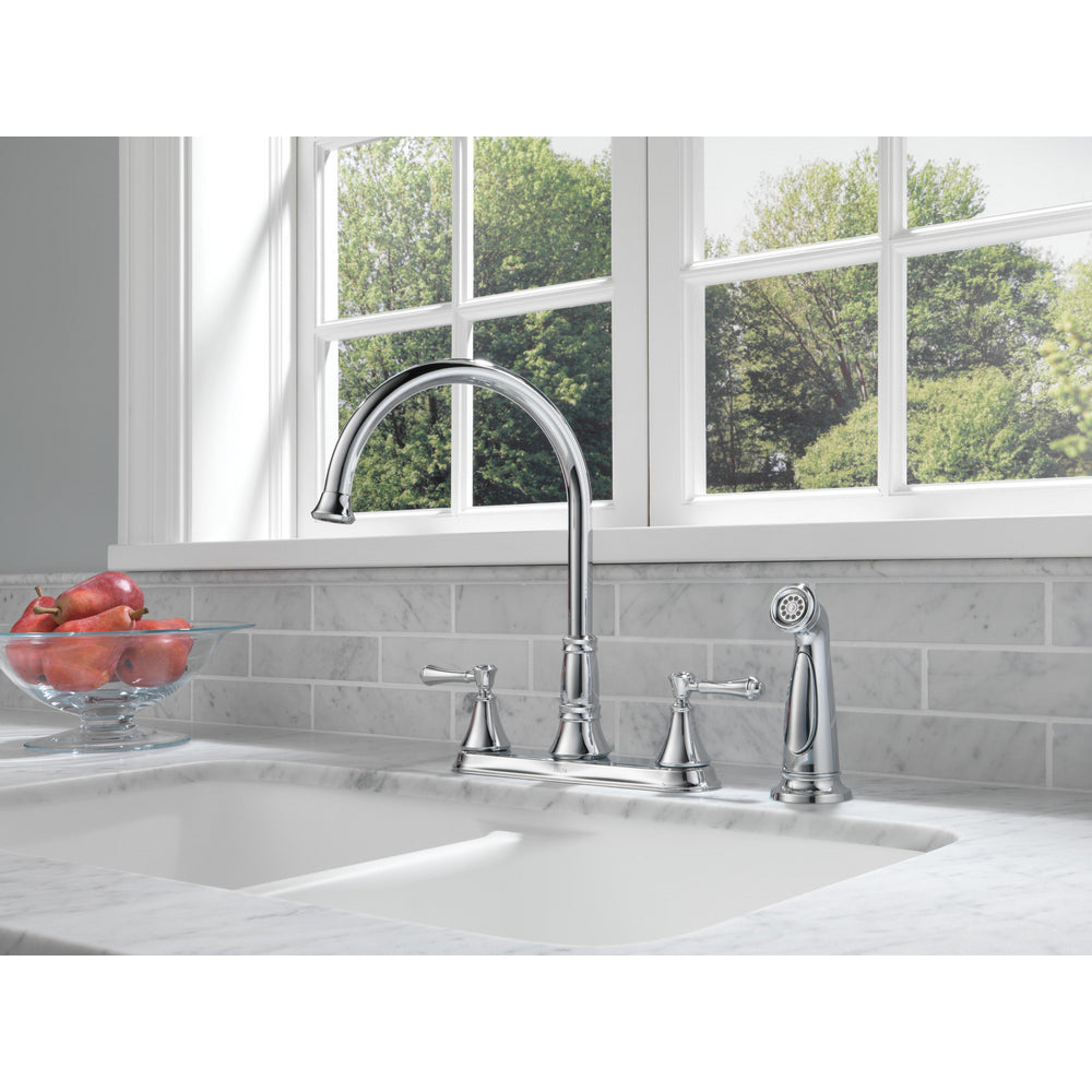 Delta Cassidy Two Handle Kitchen Deck Faucet With Sprayer - Chrome