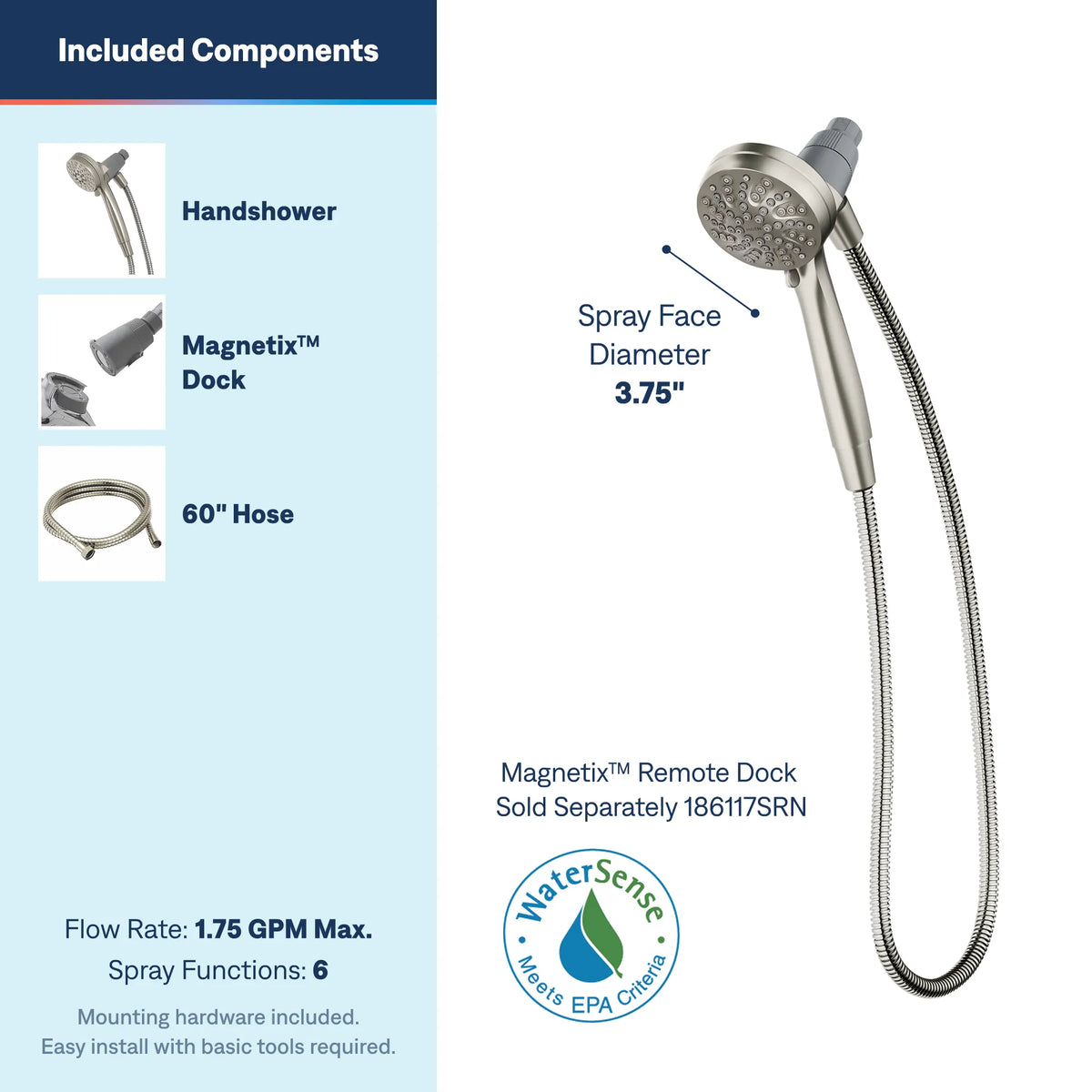 Moen Engage Six-Function Eco-Performance 3 1/2" Diameter Spray Head Handheld Shower 26100EP in Spot Resist Brushed Nickel (26100EPSRN) - view 3
