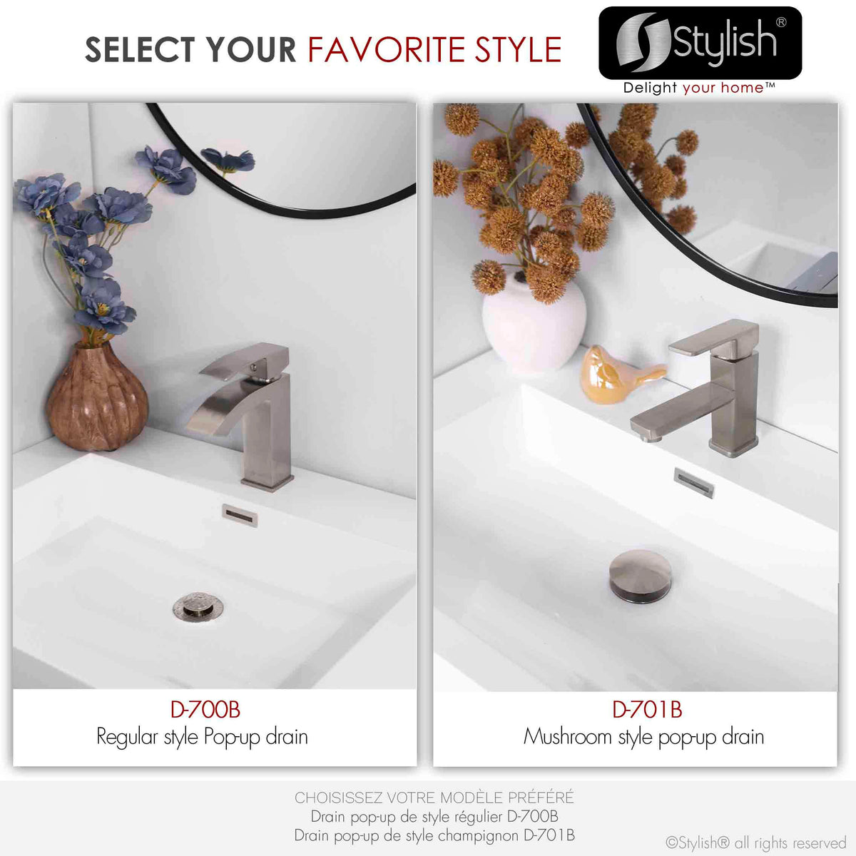 Stylish Pop-Up Bathroom Sink Drains Set with Overflow Brushed Nickel D-700B2
