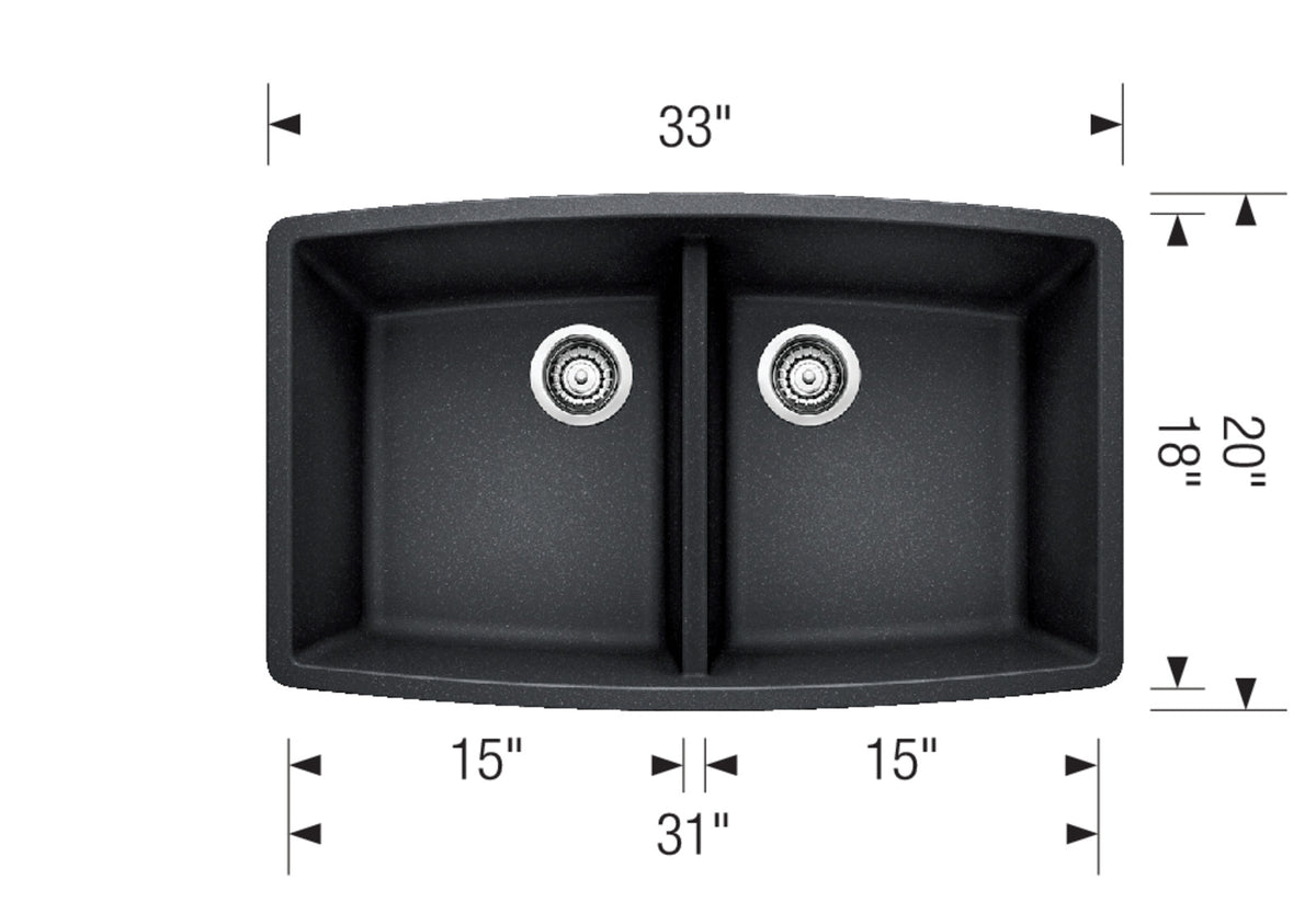 Blanco Performa U 2 33" Undermount SILGRANIT Kitchen Sink dimension drawing