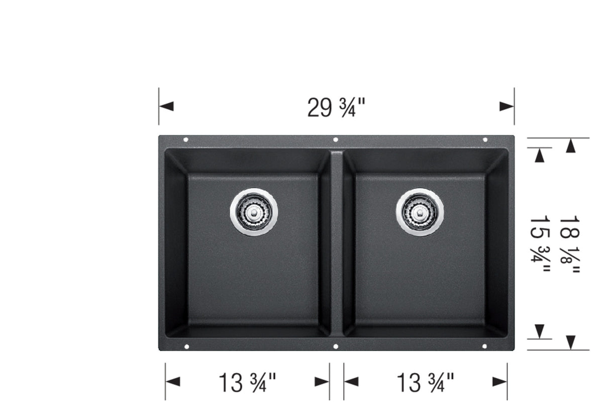 Blanco Precis U 2 29 3/4" Undermount SILGRANIT Kitchen Sink dimension drawing