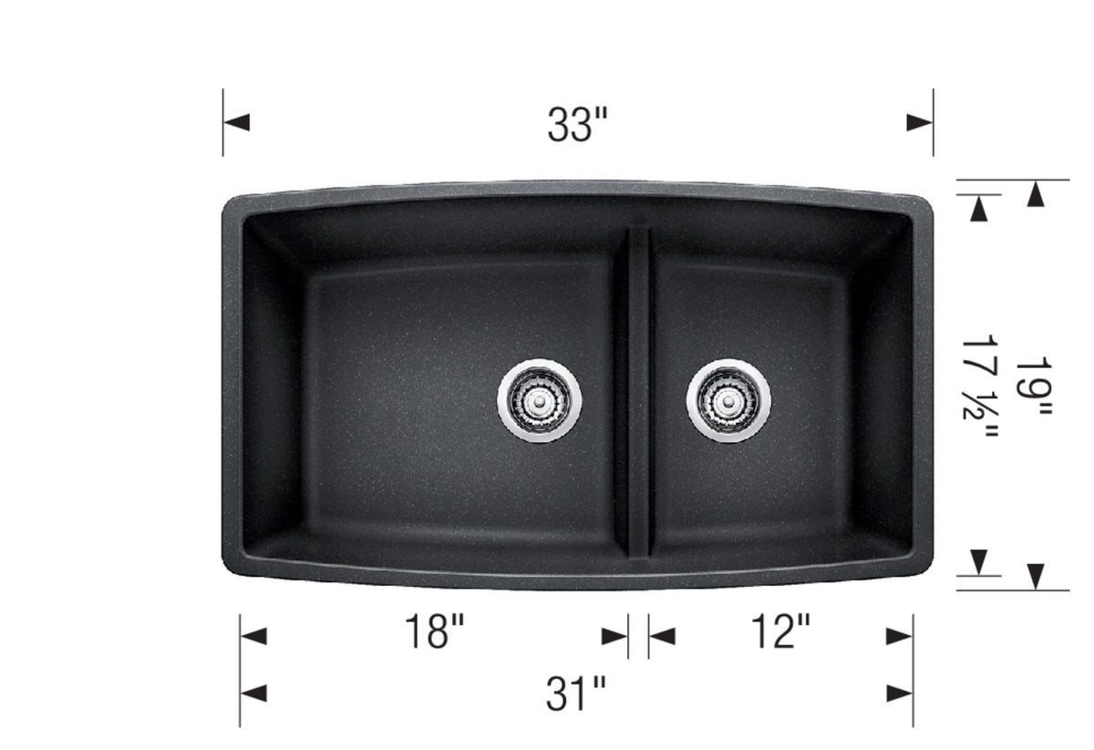 Blanco Performa U 1¾ Low Divide 33" Undermount SILGRANIT Kitchen Sink dimension drawing