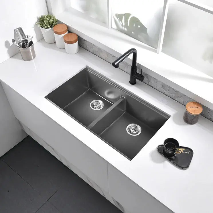 32" Workstation Under Mount 50/50 Double Bowl Kitchen Sink with Strainer - UNG1515MG - Matte Grey