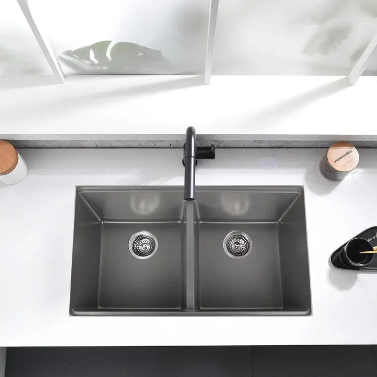 32" Workstation Under Mount 50/50 Double Bowl Kitchen Sink with Strainer - UNG1515MG - Matte Grey