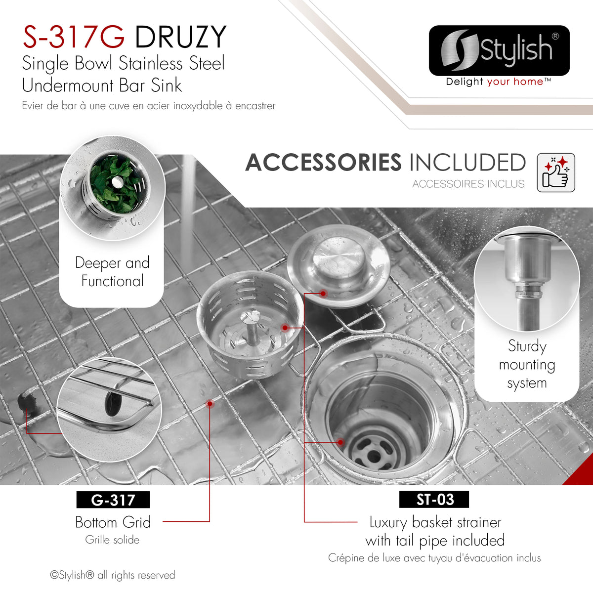 Stylish Druzy 15" Single Bowl Bar Sink 18 Gauge Stainless Steel with Grid and Basket Strainer S-317G