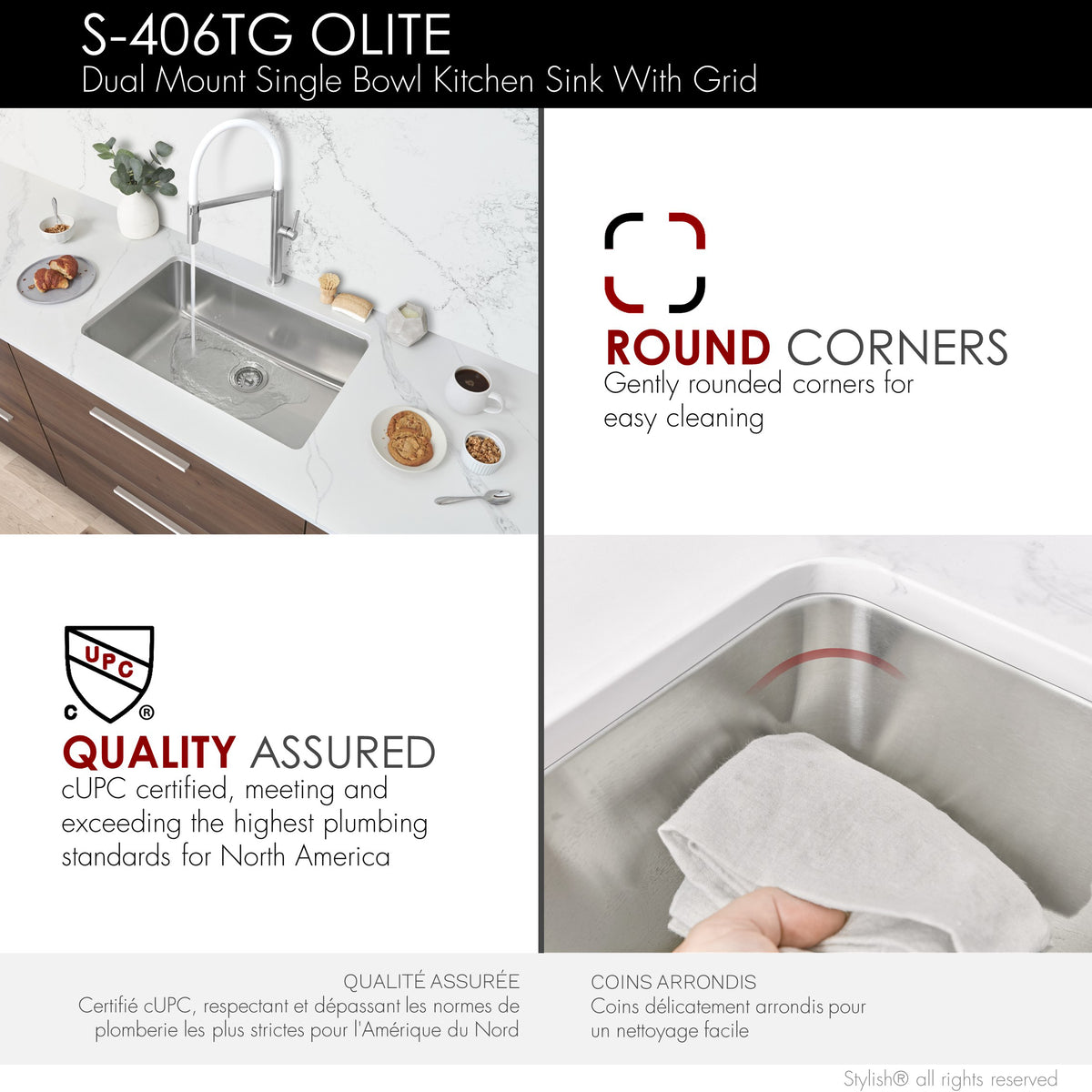 Stylish Olite 27" Dual Mount Single Bowl Kitchen Sink 18 Gauge Stainless Steel with Grid and Standard Strainer Set of Three S-406TG-3