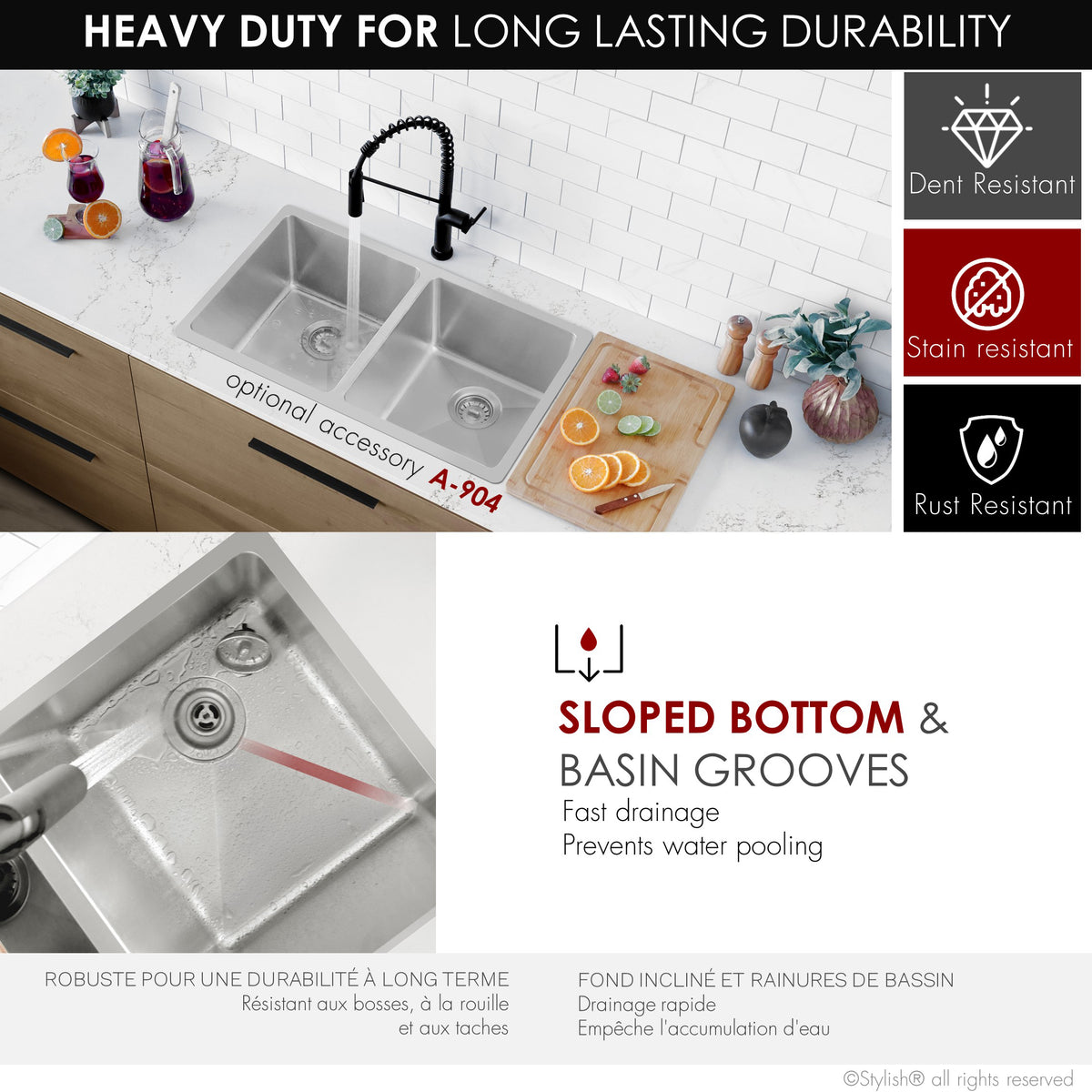 Stylish Toledo 31" Dual Mount Double Bowl Kitchen Sink 16 Gauge Stainless Steel with Standard Strainers Set of Three S-401-3