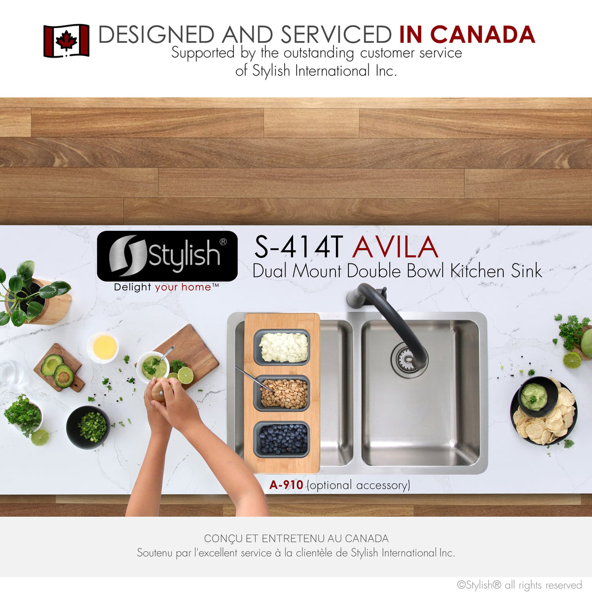 Stylish Avila 29" Dual Mount Double Bowl Kitchen Sink 18 Gauge Stainless Steel with Standard Strainers Set of Three S-414T-3