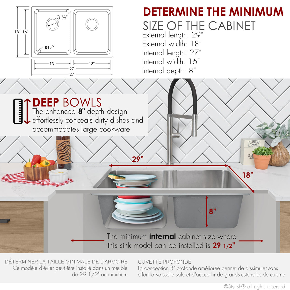 Stylish Avila 29" Dual Mount Double Bowl Kitchen Sink 18 Gauge Stainless Steel with Standard Strainers Set of Three S-414T-3