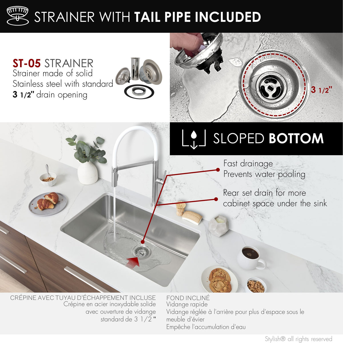 Stylish Olite 27" Dual Mount Single Bowl Kitchen Sink 18 Gauge Stainless Steel with Standard Strainer Set of Three S-406T-3