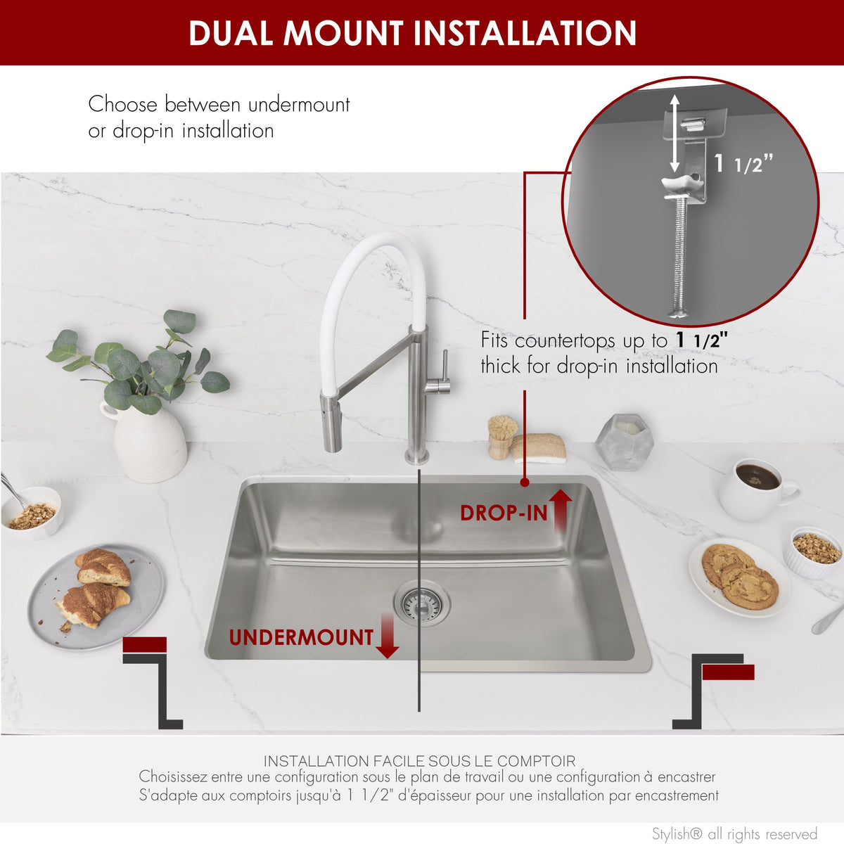 Stylish Olite 27" Dual Mount Single Bowl Kitchen Sink 18 Gauge Stainless Steel with Standard Strainer Set of Three S-406T-3