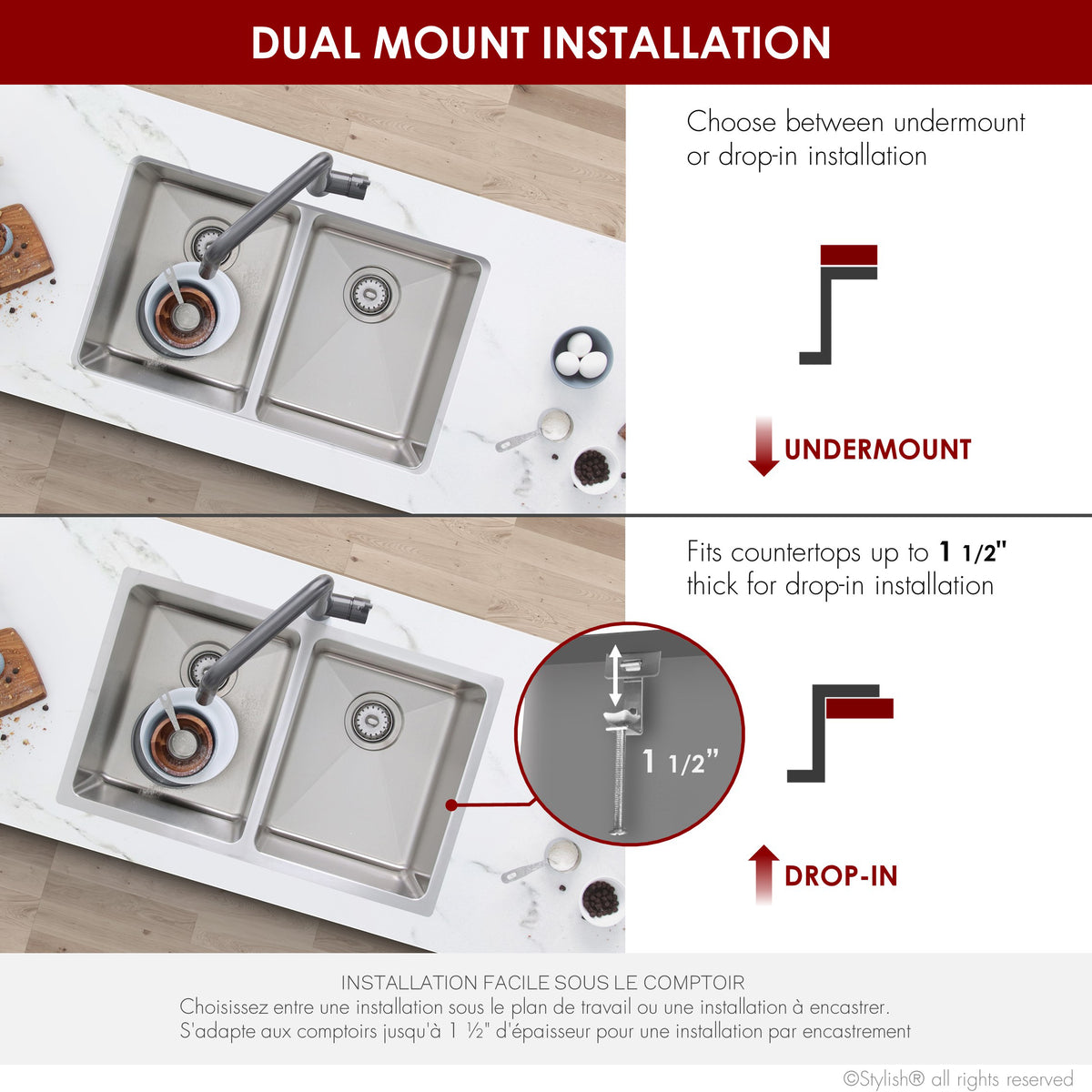 Stylish Toledo 31" Dual Mount Double Bowl Kitchen Sink 16 Gauge Stainless Steel with Standard Strainers Set of Three S-401-3