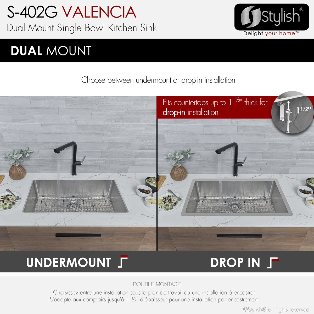 Stylish Valencia 31" Dual Mount Single Bowl Kitchen Sink 16 Gauge Stainless Steel with Grid and Standard Strainer Set of Three S-402G-3