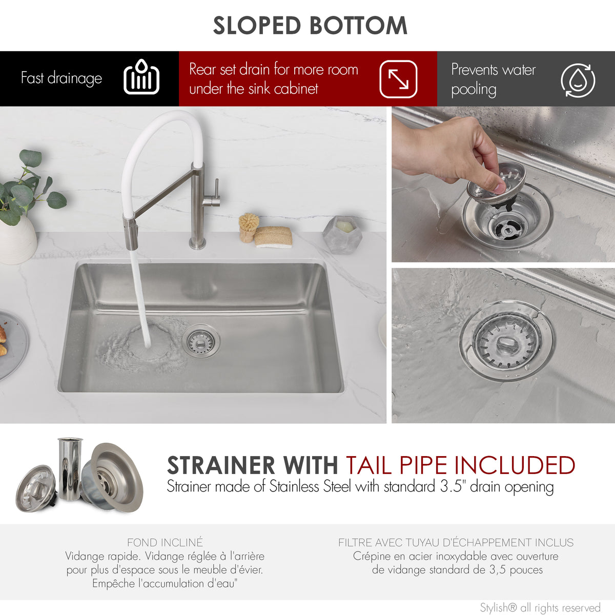 Stylish Malaga 30" Dual Mount Single Bowl Kitchen Sink 18 Gauge Stainless Steel with Standard Strainers Set of Three S-411T-3