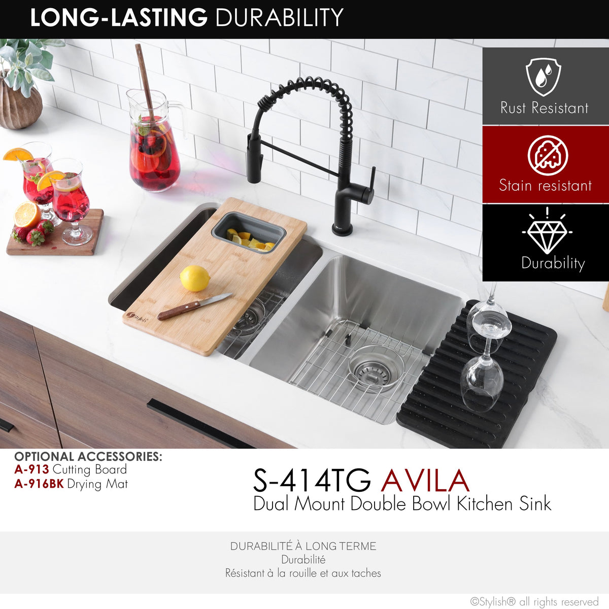 Stylish Avila 29" Dual Mount Double Bowl Kitchen Sink 18 Gauge Stainless Steel with Grids and Standard Strainers Set of Three S-414TG-3