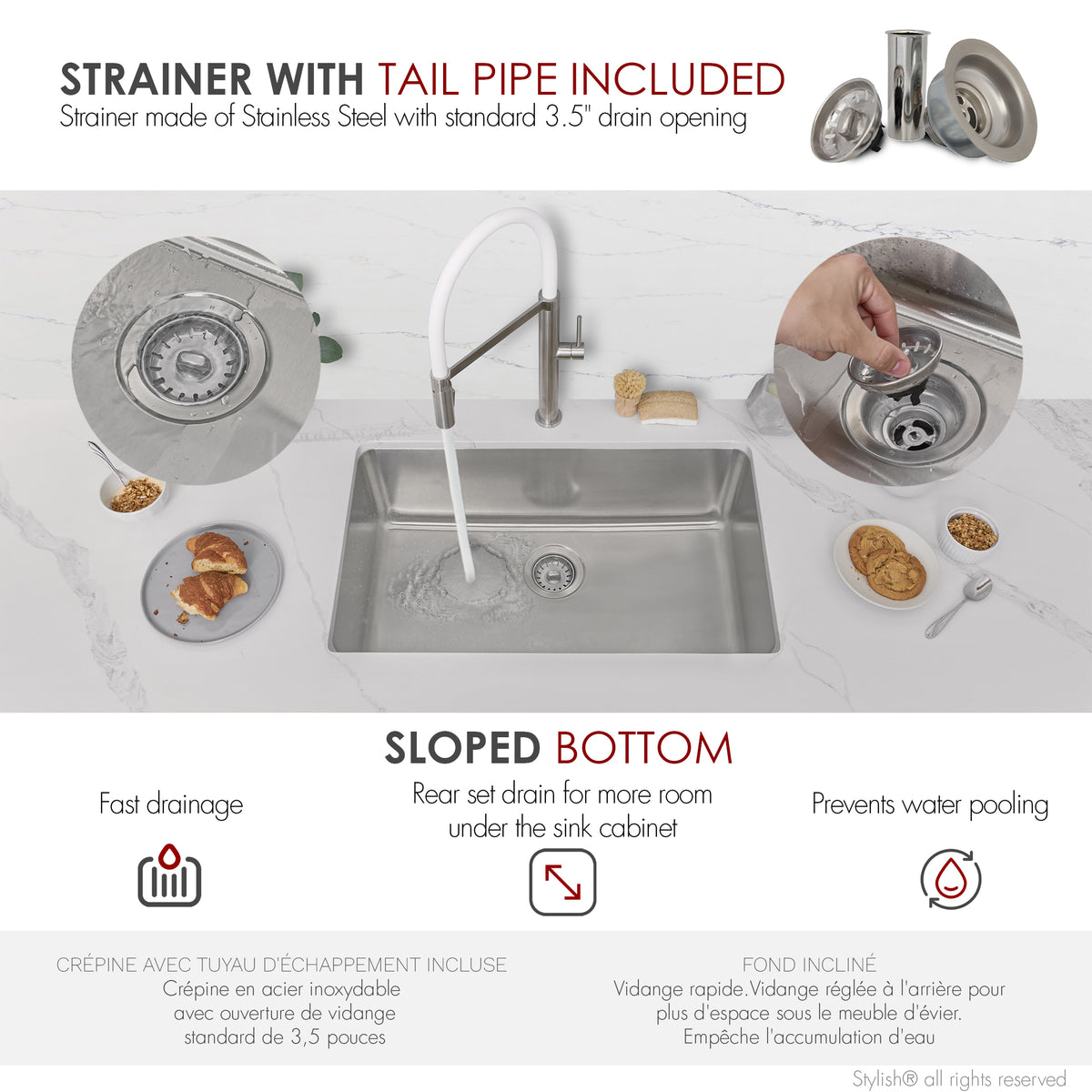 Stylish Malaga 30" Dual Mount Single Bowl Kitchen Sink 18 Gauge Stainless Steel with Grid Standard Strainer Set of Three S-411TG-3