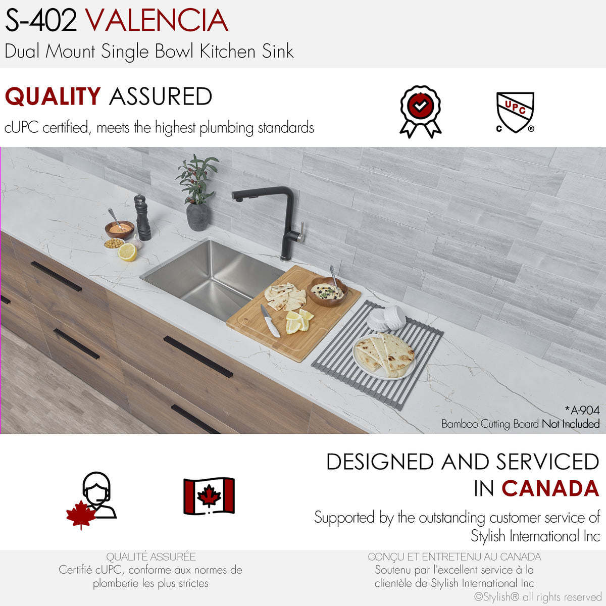 Stylish Valencia 31" Dual Mount Single Bowl Kitchen Sink 16 Gauge Stainless Steel with Standard Strainer Set of Three S-402-3