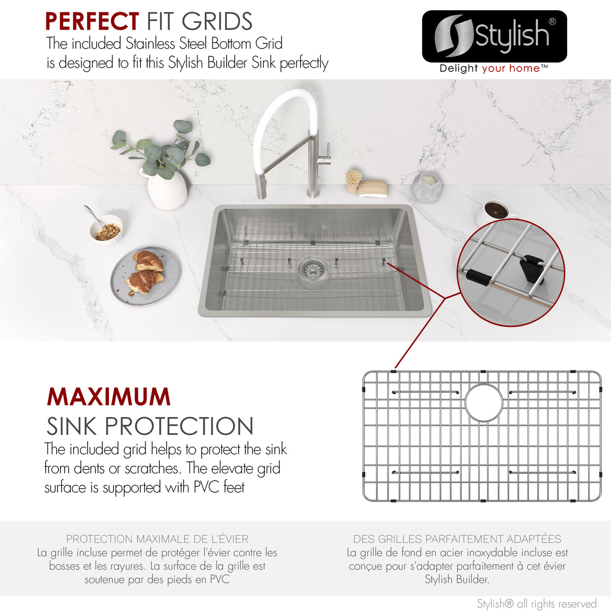 Stylish Malaga 30" Dual Mount Single Bowl Kitchen Sink 18 Gauge Stainless Steel with Grid Standard Strainer Set of Three S-411TG-3