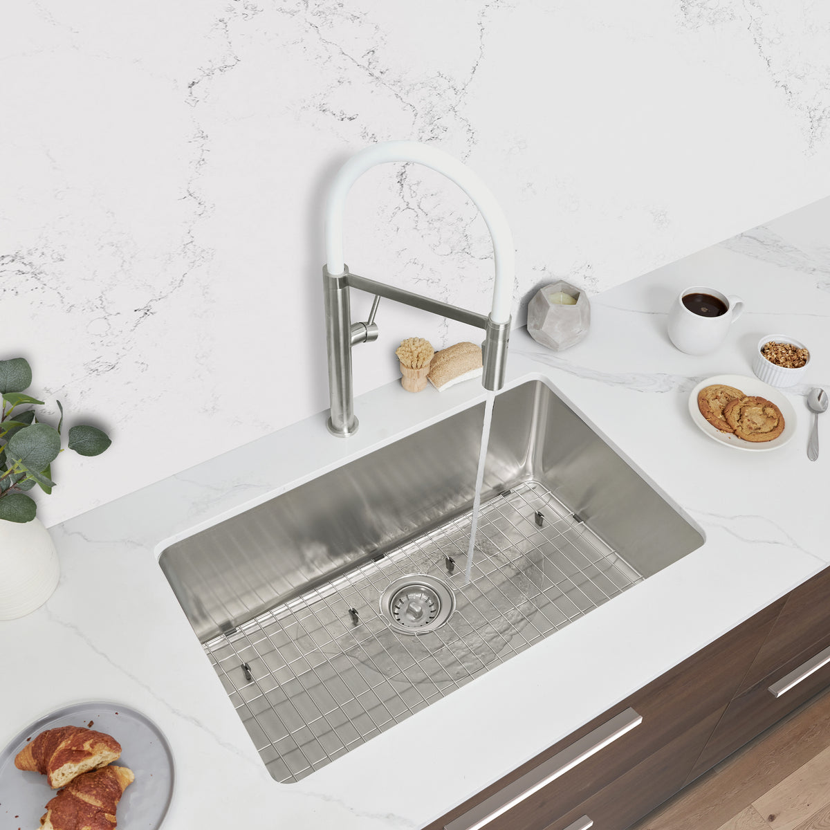 Stylish Malaga 30" Dual Mount Single Bowl Kitchen Sink 18 Gauge Stainless Steel with Grid Standard Strainer Set of Three S-411TG-3