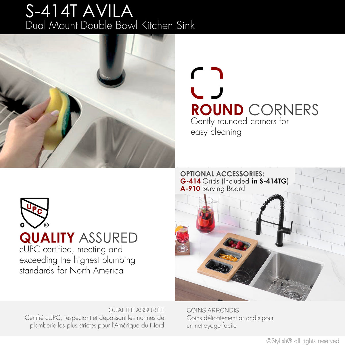 Stylish Avila 29" Dual Mount Double Bowl Kitchen Sink 18 Gauge Stainless Steel with Standard Strainers Set of Three S-414T-3