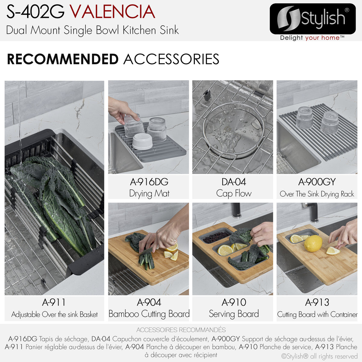 Stylish Valencia 31" Dual Mount Single Bowl Kitchen Sink 16 Gauge Stainless Steel with Grid and Standard Strainer Set of Three S-402G-3