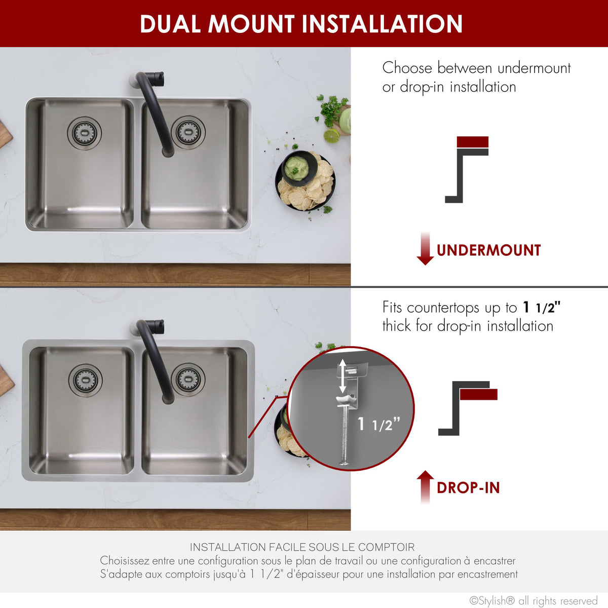Stylish Avila 29" Dual Mount Double Bowl Kitchen Sink 18 Gauge Stainless Steel with Standard Strainers Set of Three S-414T-3