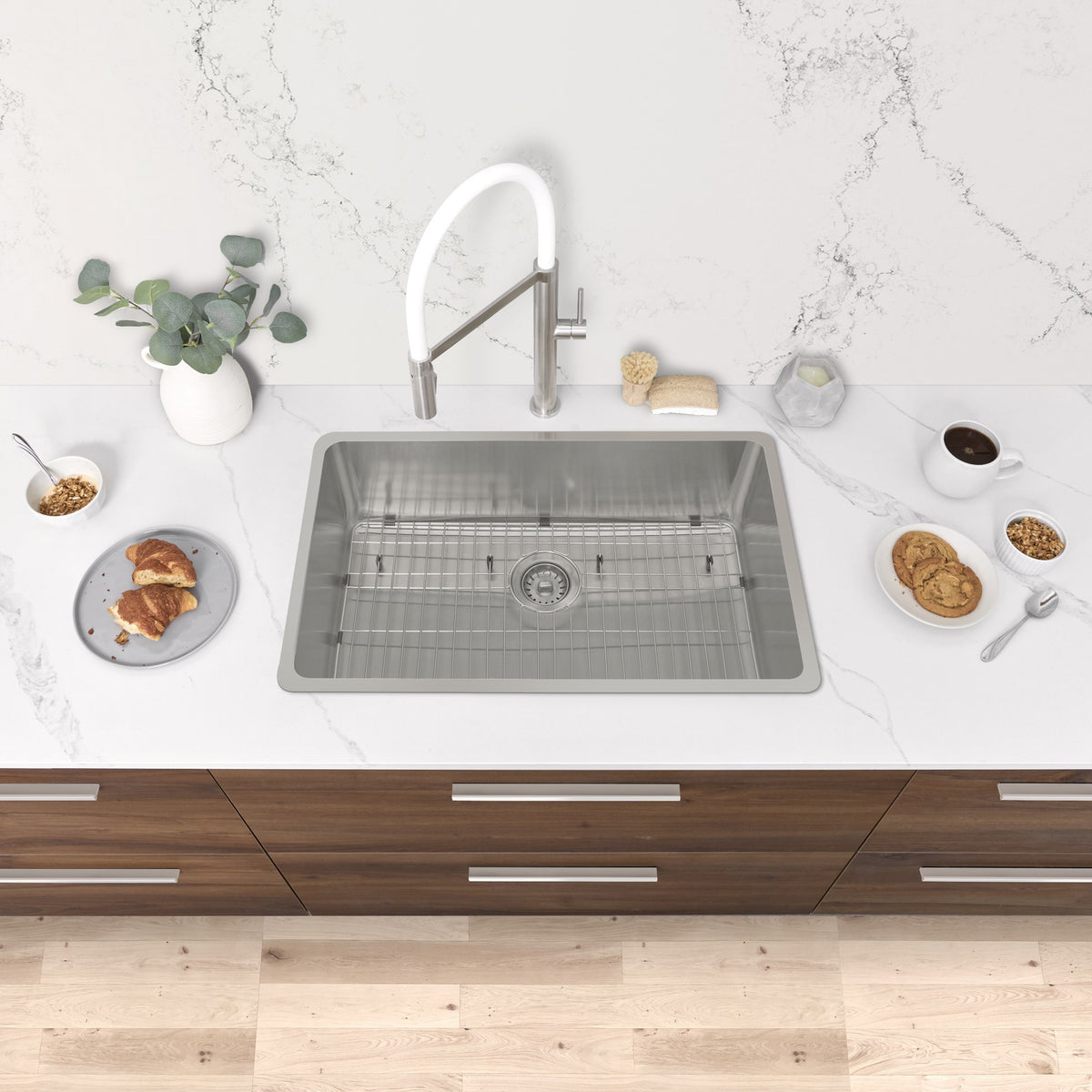 Stylish Olite 27" Dual Mount Single Bowl Kitchen Sink 18 Gauge Stainless Steel with Grid and Standard Strainer Set of Three S-406TG-3