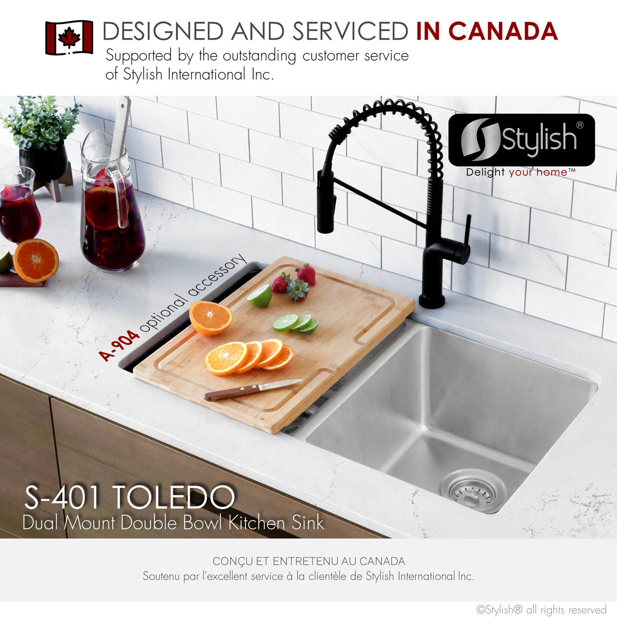Stylish Toledo 31" Dual Mount Double Bowl Kitchen Sink 16 Gauge Stainless Steel with Standard Strainers Set of Three S-401-3