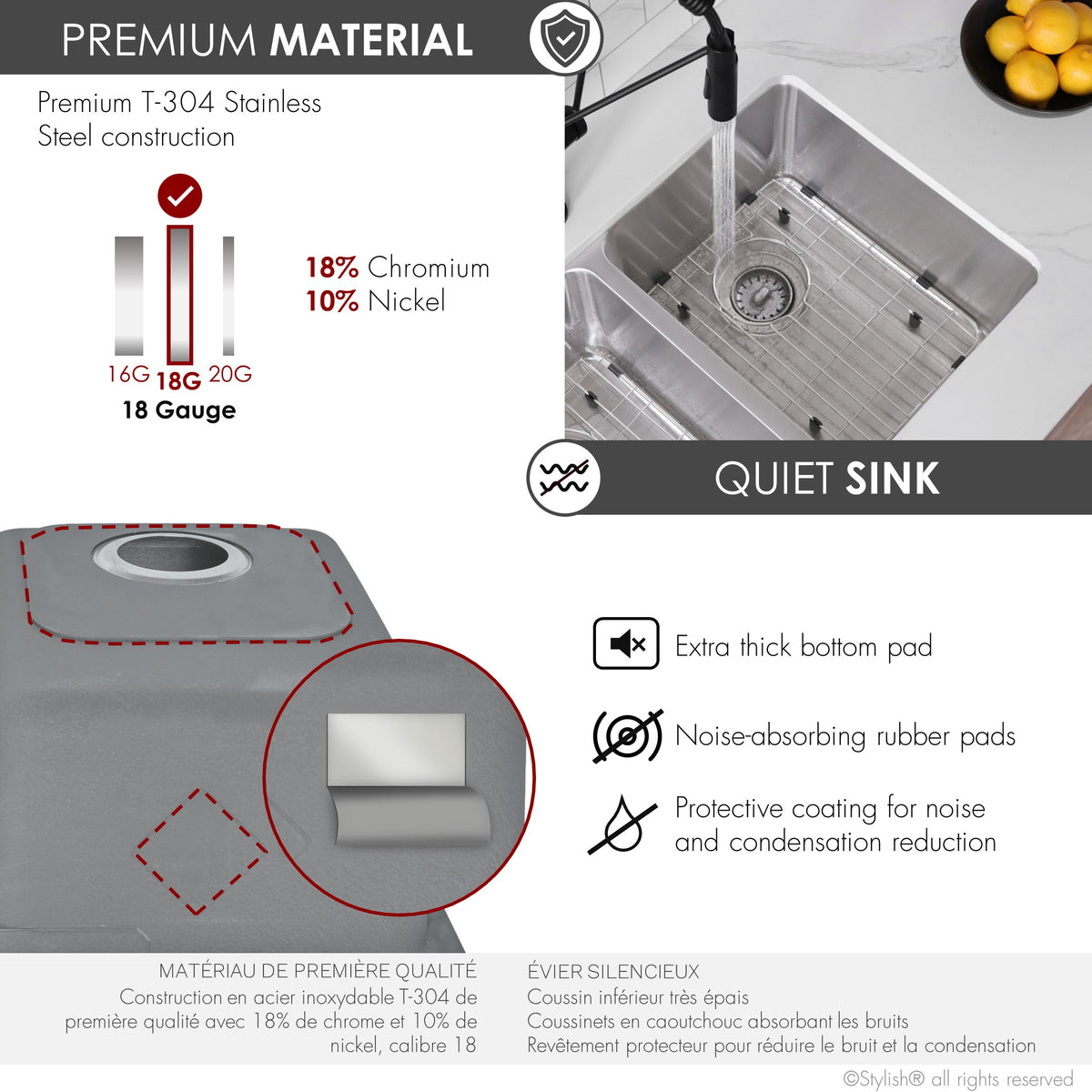 Stylish Avila 29" Dual Mount Double Bowl Kitchen Sink 18 Gauge Stainless Steel with Grids and Standard Strainers Set of Three S-414TG-3
