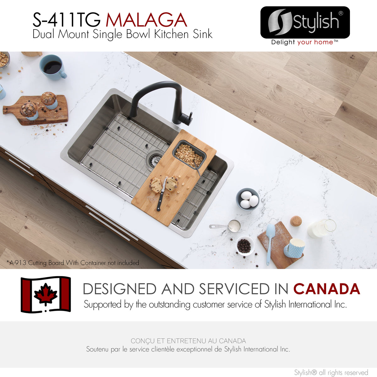 Stylish Malaga 30" Dual Mount Single Bowl Kitchen Sink 18 Gauge Stainless Steel with Grid Standard Strainer Set of Three S-411TG-3