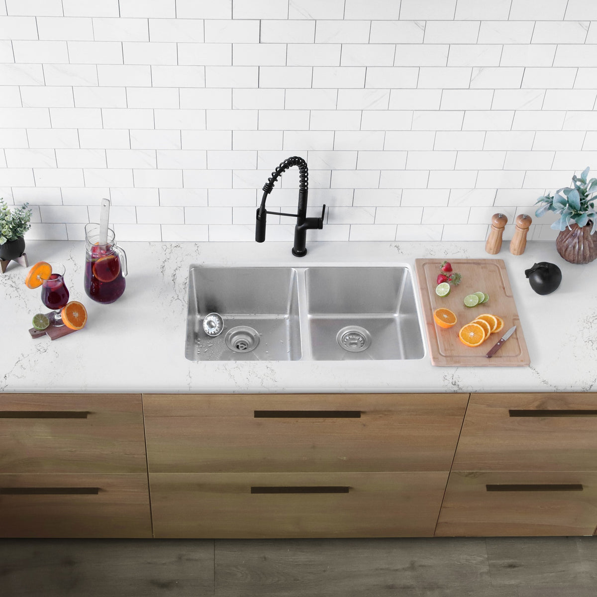 Stylish Toledo 31" Dual Mount Double Bowl Kitchen Sink 16 Gauge Stainless Steel with Standard Strainers Set of Three S-401-3