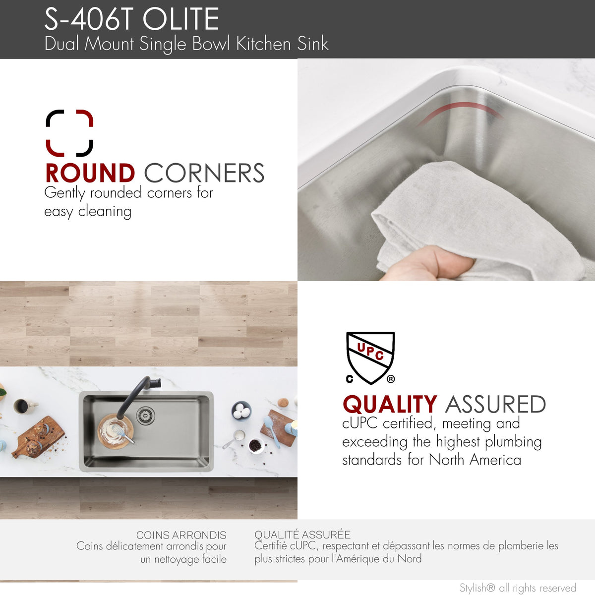 Stylish Olite 27" Dual Mount Single Bowl Kitchen Sink 18 Gauge Stainless Steel with Standard Strainer Set of Three S-406T-3