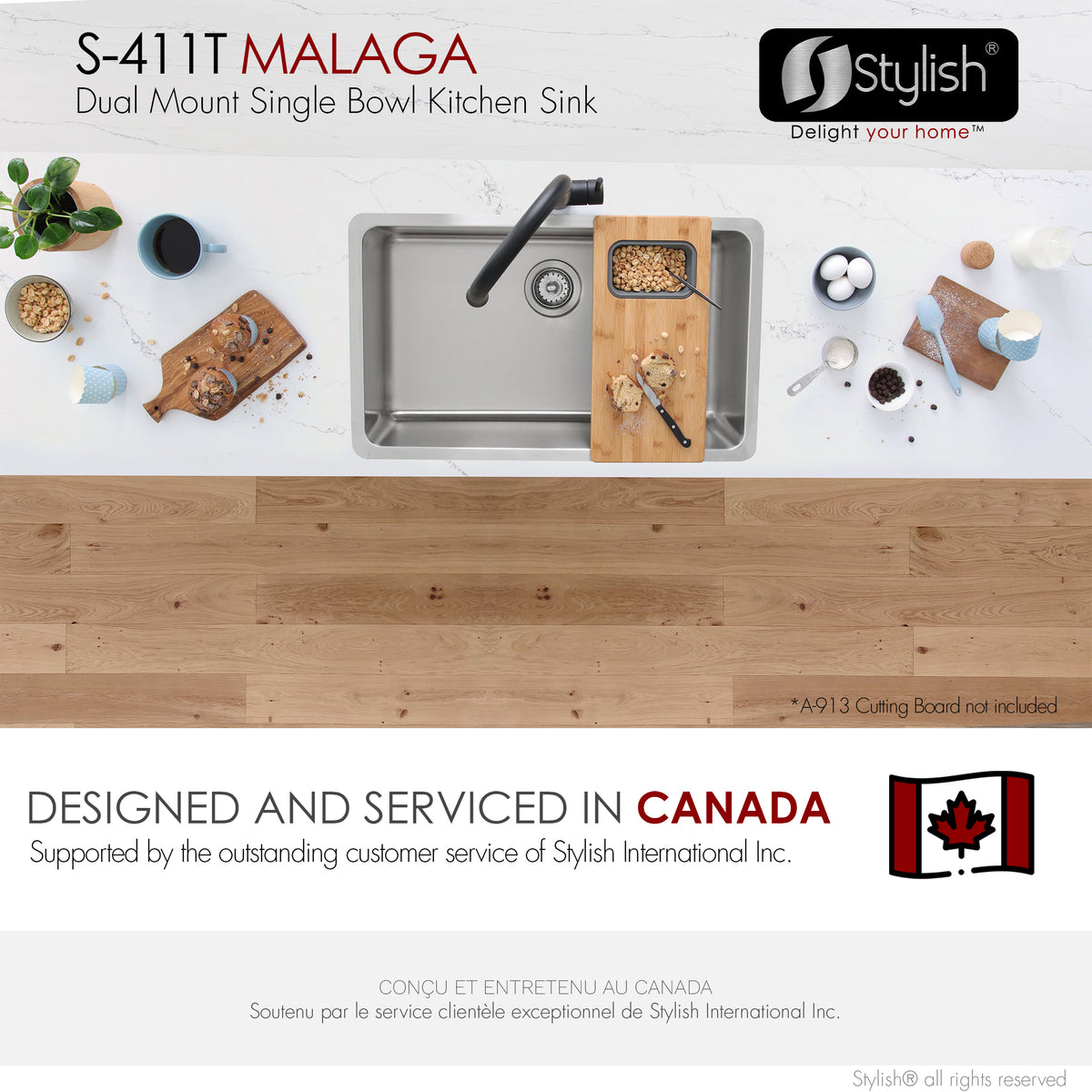 Stylish Malaga 30" Dual Mount Single Bowl Kitchen Sink 18 Gauge Stainless Steel with Standard Strainers Set of Three S-411T-3