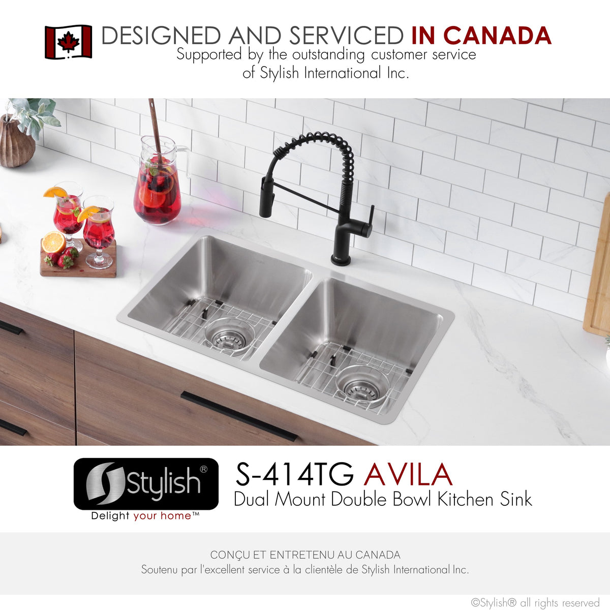 Stylish Avila 29" Dual Mount Double Bowl Kitchen Sink 18 Gauge Stainless Steel with Grids and Standard Strainers Set of Three S-414TG-3