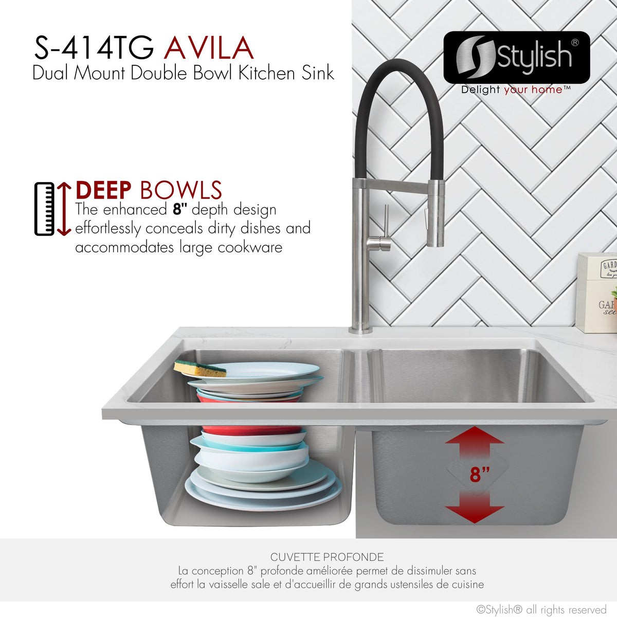 Stylish Avila 29" Dual Mount Double Bowl Kitchen Sink 18 Gauge Stainless Steel with Grids and Standard Strainers Set of Three S-414TG-3