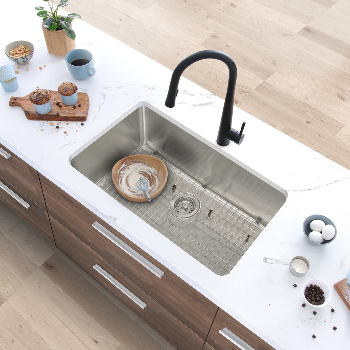 Stylish Olite 27" Dual Mount Single Bowl Kitchen Sink 18 Gauge Stainless Steel with Grid and Standard Strainer Set of Three S-406TG-3