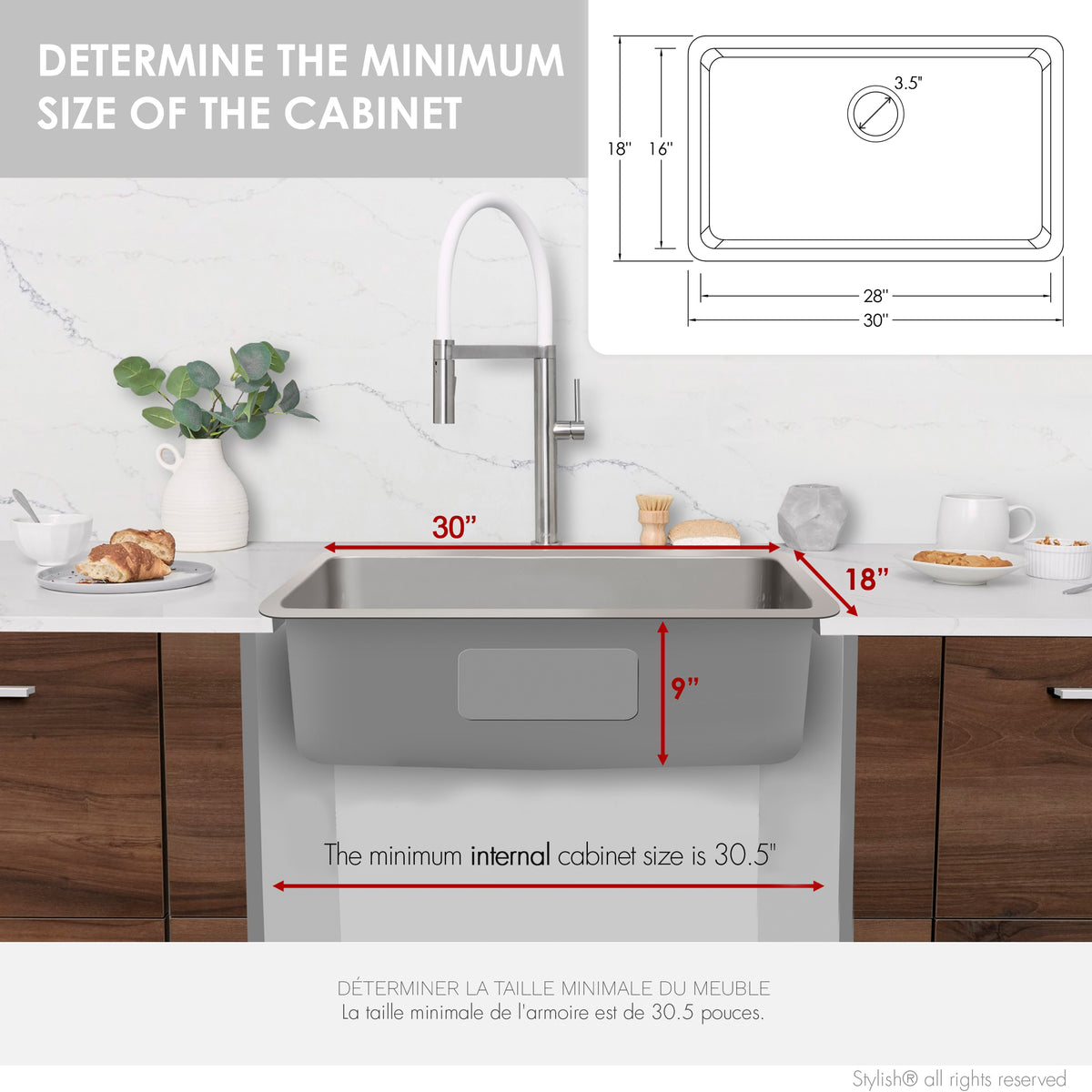 Stylish Malaga 30" Dual Mount Single Bowl Kitchen Sink 18 Gauge Stainless Steel with Grid Standard Strainer Set of Three S-411TG-3