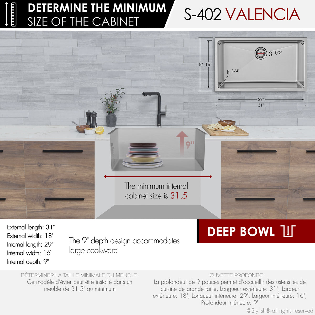 Stylish Valencia 31" Dual Mount Single Bowl Kitchen Sink 16 Gauge Stainless Steel with Standard Strainer Set of Three S-402-3
